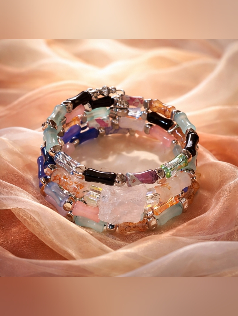 Crystal Tubular Bead Large Rose Quartz Crystal Rock Bead Memory Wire Bracelet